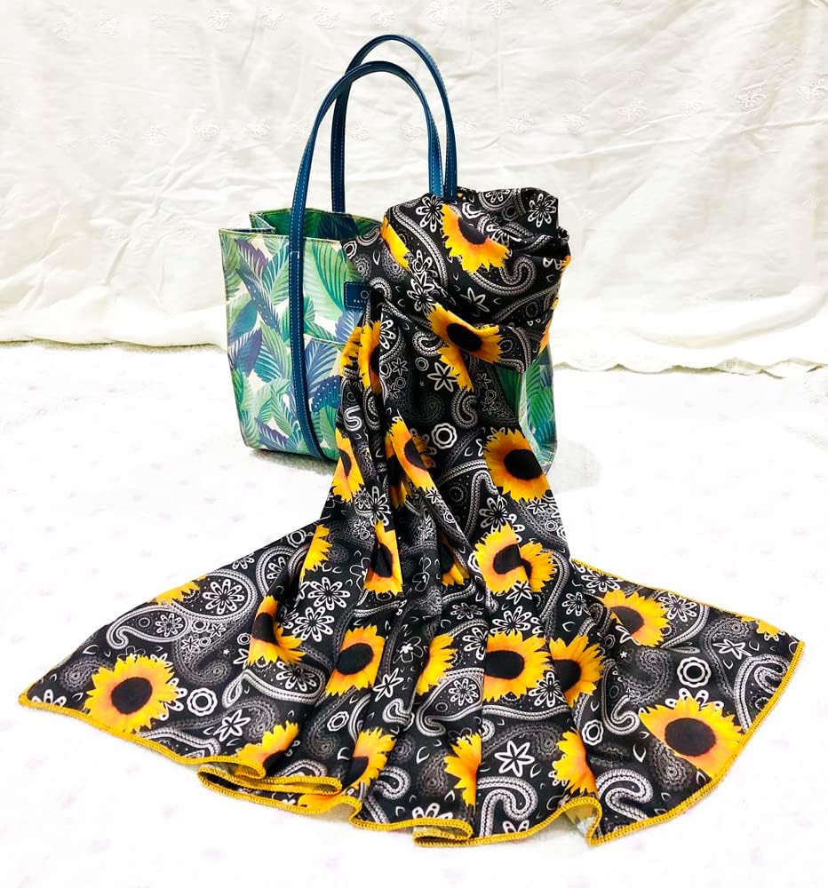 Western Cowboy Wild Rag Silk Scarf Bandana Neck Wrap Square Silky Fashion Paisley Sunflower Scarves Black 36” Medium